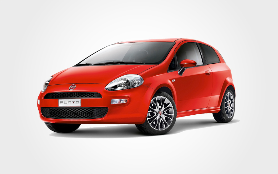 Przód czerwonego Fiata Punto. Wybierz świetną ofertę Europeo Cars i rezerwuj na Krecie auto Grupy C.