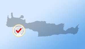 Map of the Greek island of Crete with lowest prices to rent a car in Crete badge from Europeo Cars.