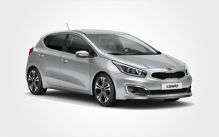 Silver Kia Ceed car for hire. Rent a Group D Manual car with air conditioning from Europeo Cars.