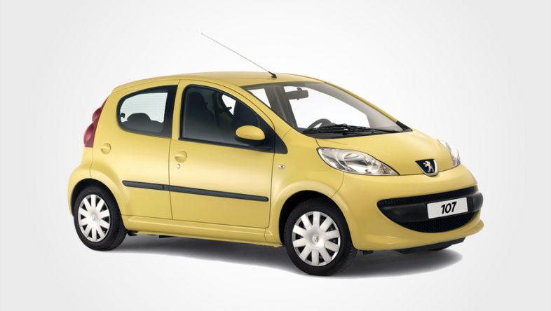 A yellow Peugeot 107 for hire. Reserve a Europeo Cars rentals Group A manual car in Crete.