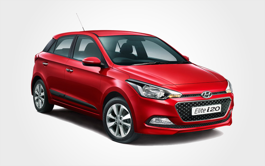 Hyundai Elite i20 rental car in red. With Europeo Cars you can reserve a Group C car in Crete.